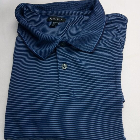 Van Heusen Mens Blue Black Striped Golf Polo Shirt Size XL - Picture 1 of 8